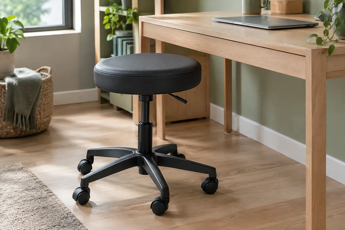 Tabouret de bureau noir à roulettes, assise ronde rembourrée et piètement croisé à cinq branches.