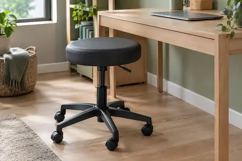 Tabouret de bureau noir à roulettes, assise ronde rembourrée et piètement croisé à cinq branches.