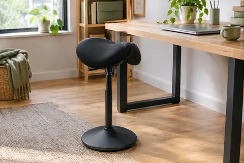 Tabouret ergonomique noir à assise selle et base antidérapante près d’un bureau en bois clair