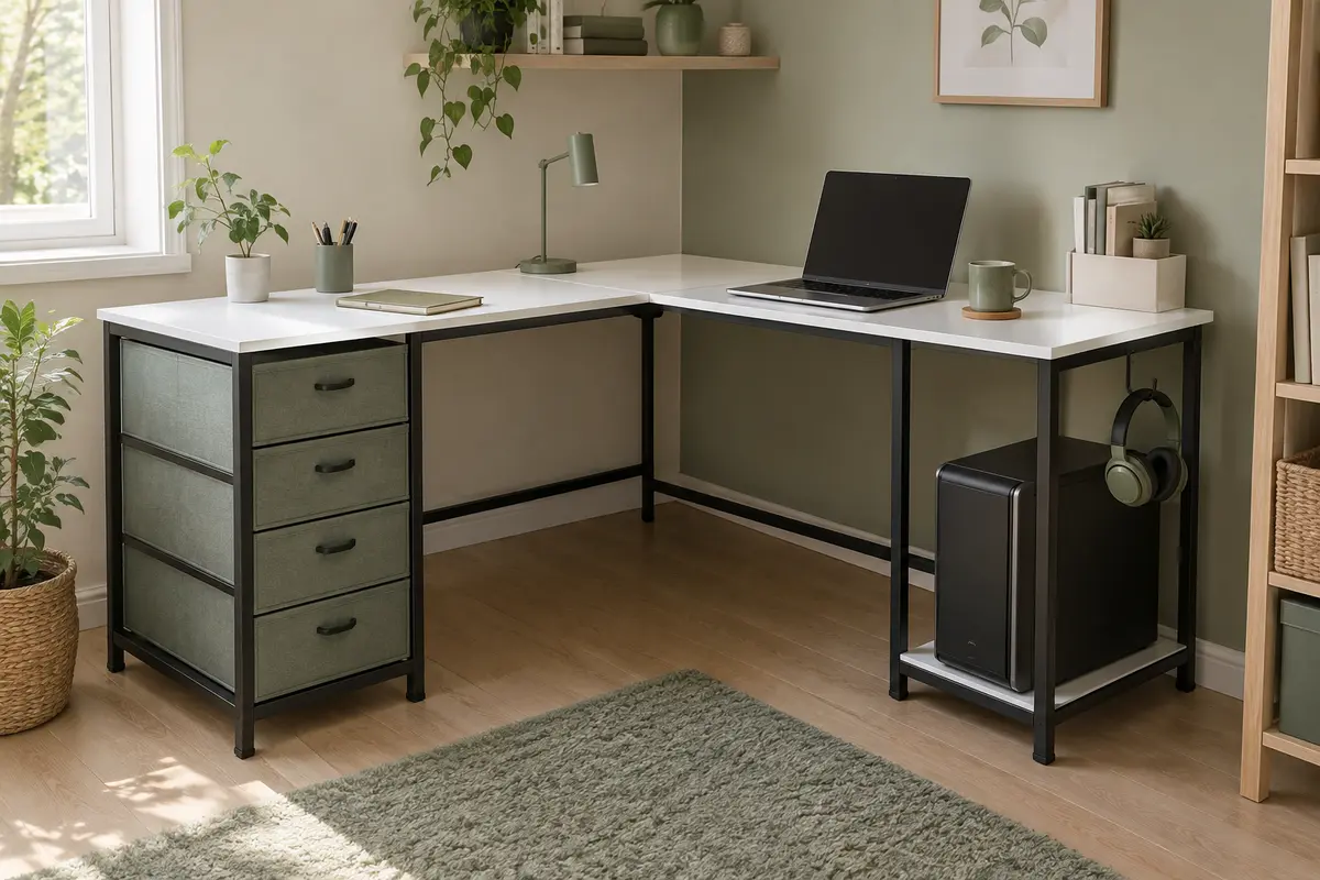 Bureau d’angle blanc avec quatre tiroirs en tissu, compartiment PC et structure métallique dans un espace de télétravail.