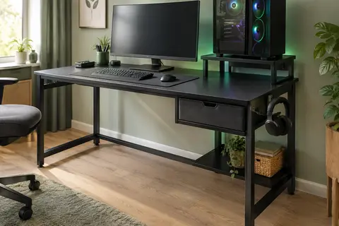 Bureau gaming noir à plateau texturé, avec étagère, tiroir et éclairage RGB dans un espace de télétravail.