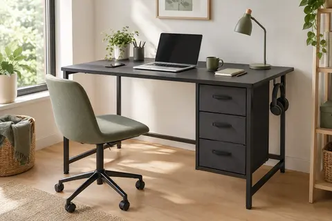 Bureau noir avec trois tiroirs en tissu et crochet pour casque dans un espace de télétravail