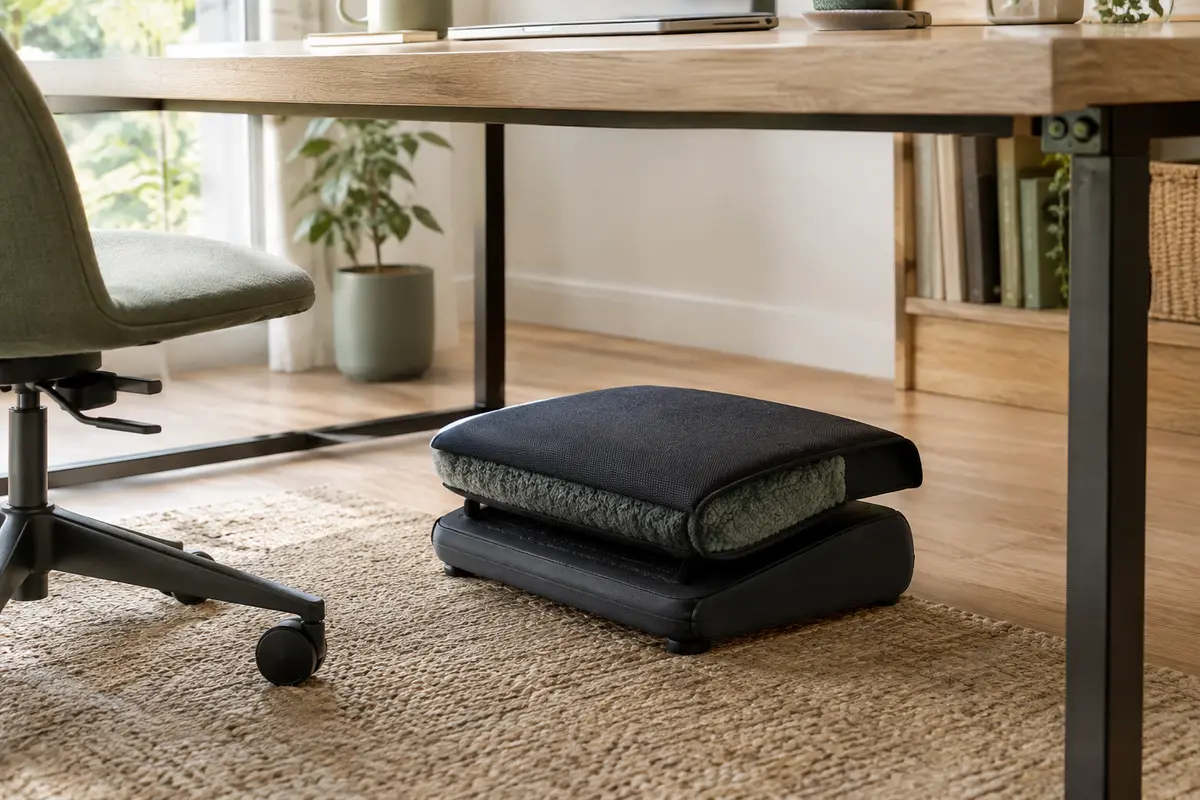 Repose-pieds noir à poche polaire installé sous un bureau en bois clair, dans un espace de télétravail lumineux