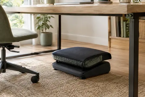 Repose-pieds noir à poche polaire installé sous un bureau en bois clair, dans un espace de télétravail lumineux