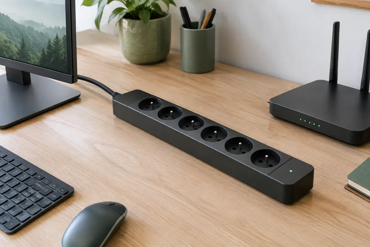 Multiprise parafoudre noire à six prises françaises avec voyant LED, posée près d’un poste de télétravail.