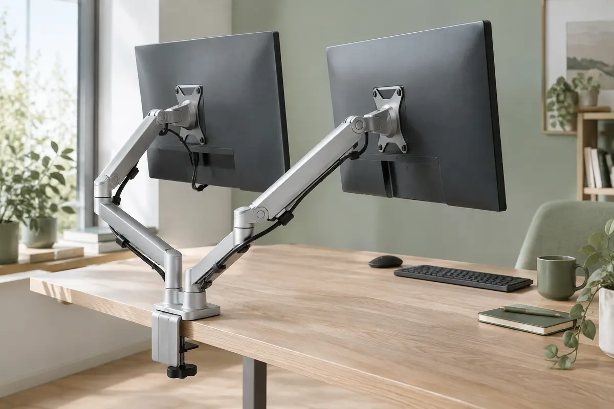 Bras double écran argenté installé sur un bureau en bois clair, avec deux moniteurs orientables.