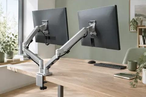 Bras double écran argenté installé sur un bureau en bois clair, avec deux moniteurs orientables.