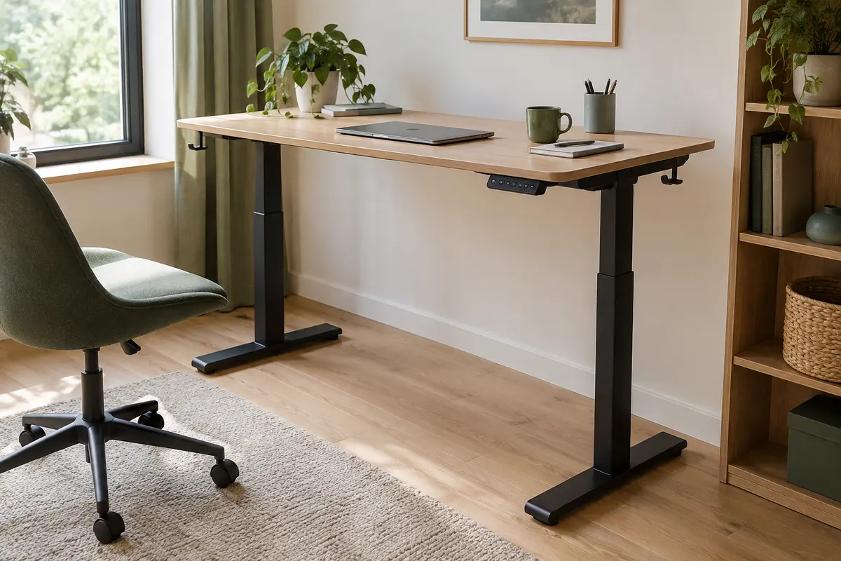 Bureau assis-debout électrique noir avec plateau spacieux et piètement réglable dans un espace de télétravail
