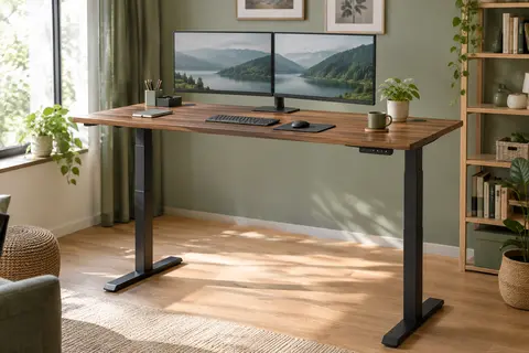 Bureau assis-debout ErGear en bois de noyer avec piètement métallique dans un espace de télétravail.