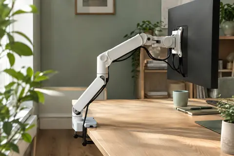 Bras d’écran articulé blanc fixé à un bureau en bois clair, avec câbles guidés le long de la structure