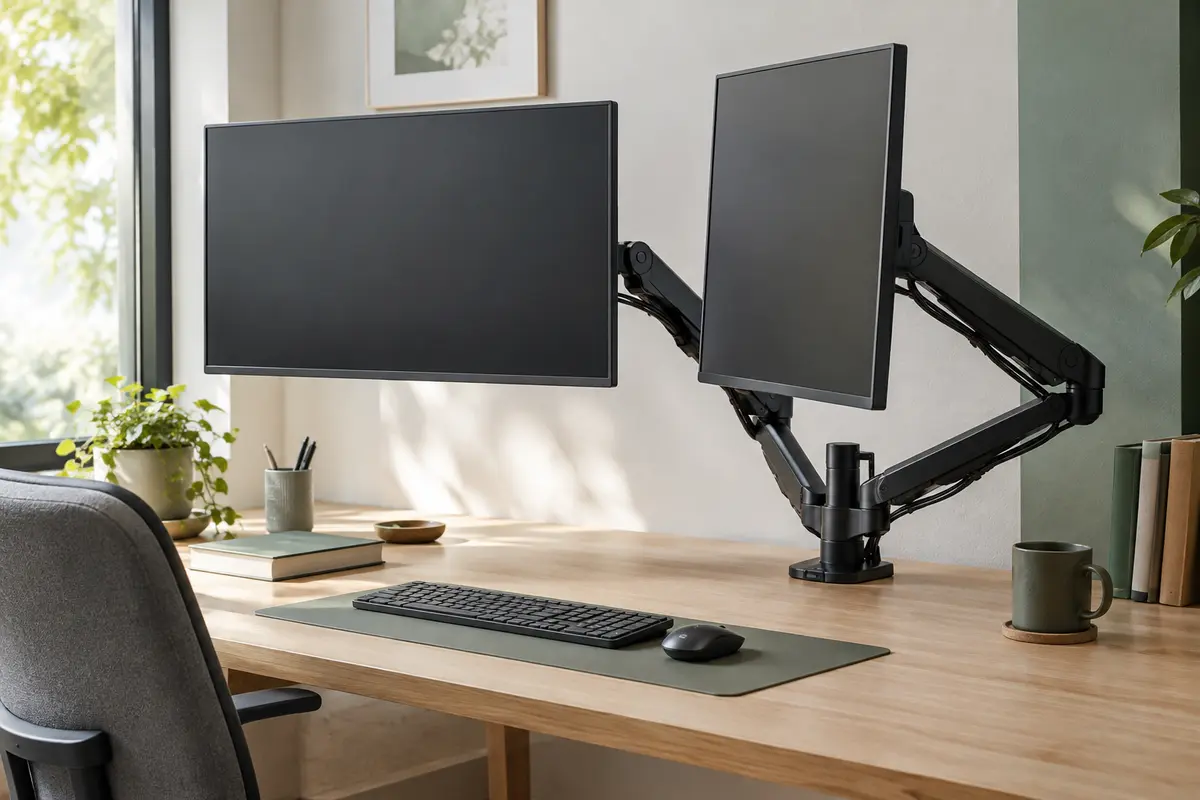 Bras double écran noir articulé installé sur un bureau clair avec deux moniteurs et câbles guidés