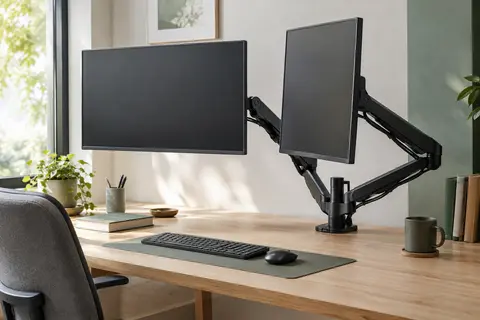 Bras double écran noir articulé installé sur un bureau clair avec deux moniteurs et câbles guidés
