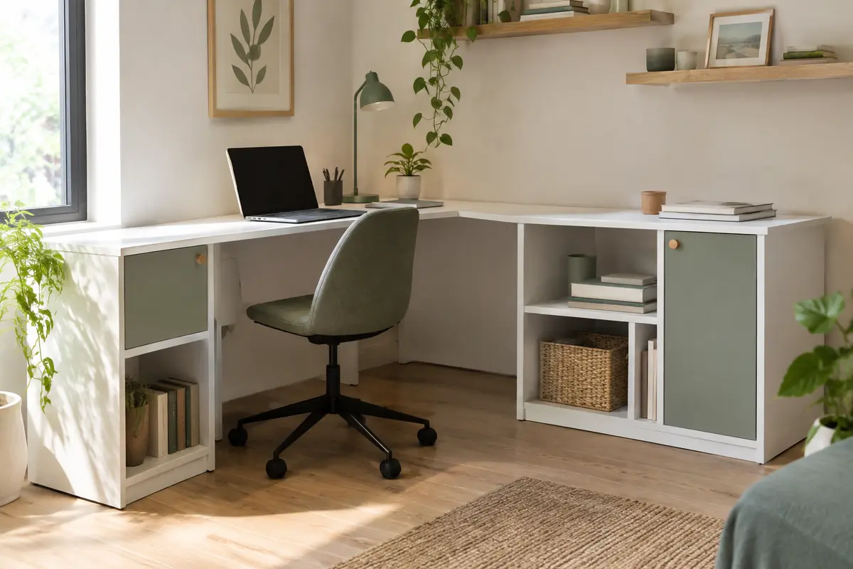 Bureau blanc en L avec deux plateaux, quatre niches ouvertes et deux compartiments à portes