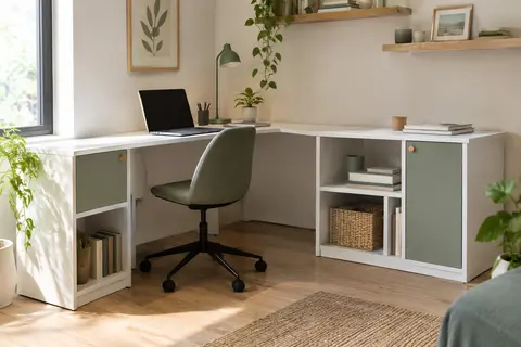 Bureau blanc en L avec deux plateaux, quatre niches ouvertes et deux compartiments à portes