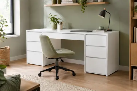 Bureau droit blanc eSituro avec plateau rectangulaire et cinq tiroirs sans poignées dans un espace de télétravail