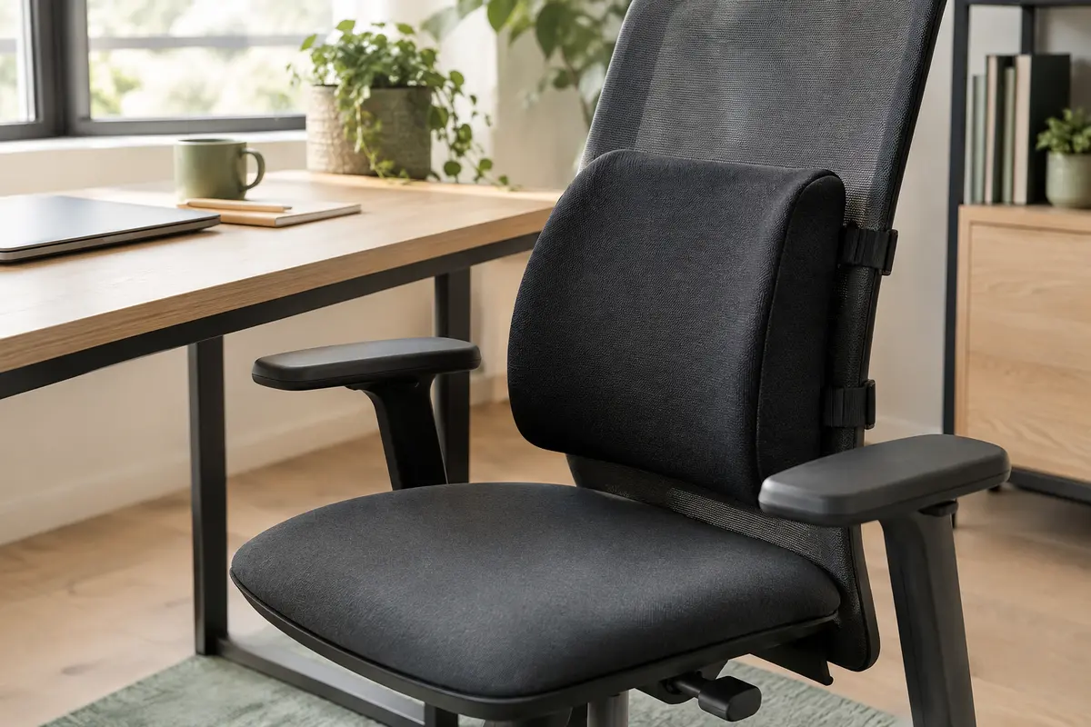 Coussin lombaire noir à sangles réglables installé sur le dossier d’une chaise de bureau