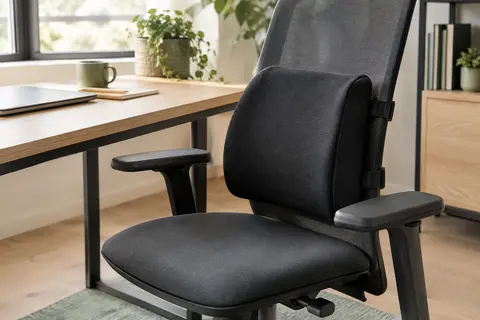 Coussin lombaire noir à sangles réglables installé sur le dossier d’une chaise de bureau