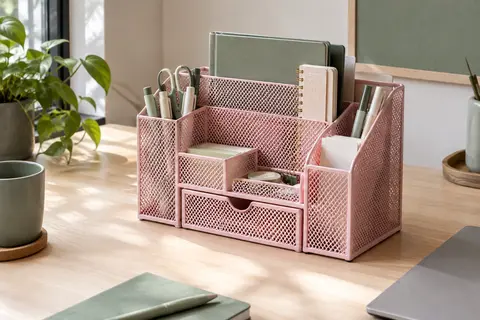 Organiseur de bureau rose clair en maille métallique, avec sept compartiments et un tiroir, posé sur un bureau en bois.