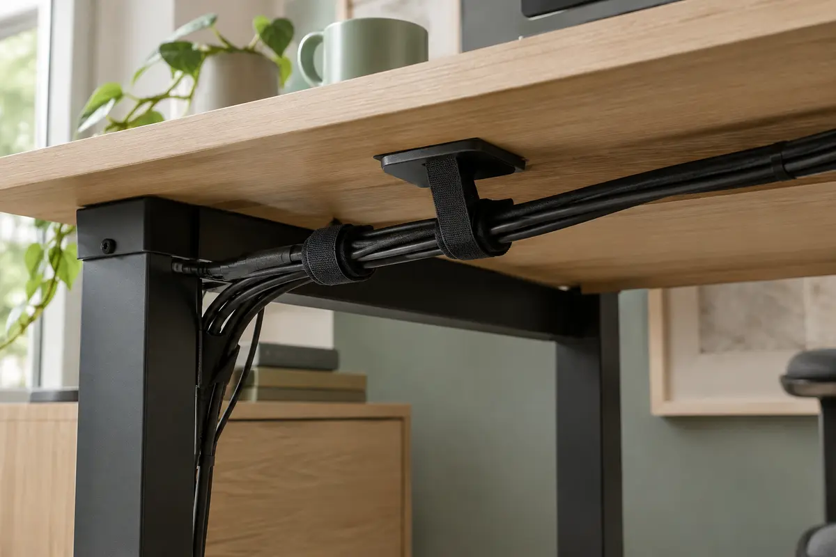 Attaches noires regroupant les câbles sous un bureau en bois clair dans un espace de télétravail