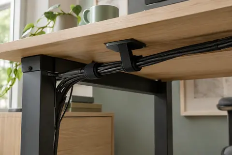 Attaches noires regroupant les câbles sous un bureau en bois clair dans un espace de télétravail
