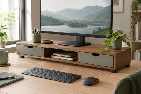Support d’écran marron de 90 cm avec deux tiroirs en tissu sur un bureau de télétravail