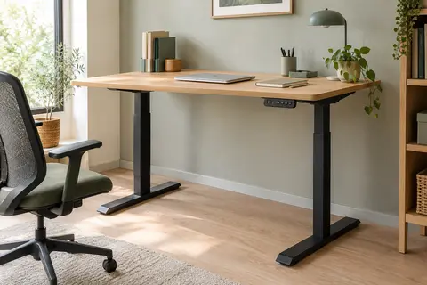 Bureau assis-debout électrique à plateau chêne et piètement en acier dans un espace de télétravail lumineux