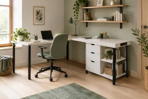 Bureau d’angle blanc avec trois tiroirs, étagères de rangement et multiprise intégrée