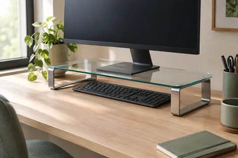 Rehausseur d’écran en verre transparent posé sur un bureau en bois clair avec un clavier dessous