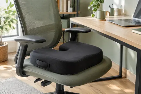 Coussin d’assise noir en forme de U posé sur une chaise de bureau dans un espace de télétravail lumineux.