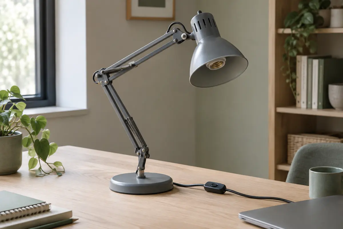 Lampe de bureau articulée en métal gris posée sur un bureau en bois clair, avec son bras réglable visible.
