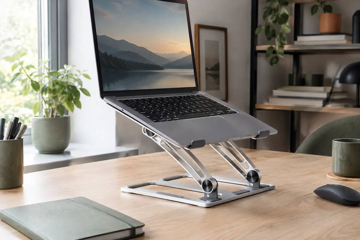 Support pliable Glangeh B15 en aluminium argenté avec un ordinateur portable sur un bureau en bois clair.