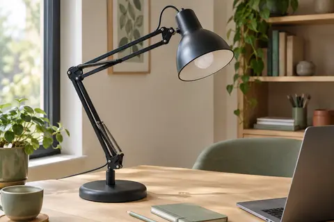 Lampe d’architecte noire à bras articulé posée sur un bureau en bois clair dans un espace de télétravail