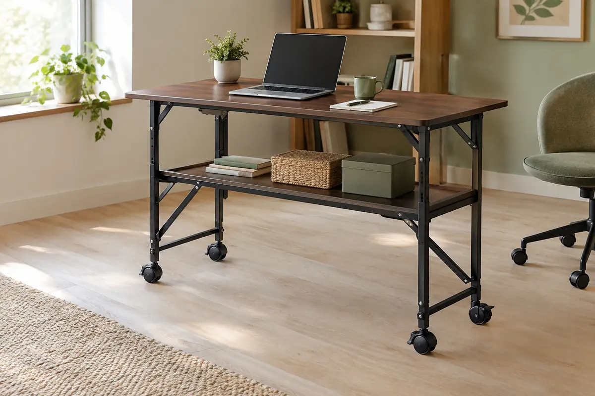 Bureau pliant marron avec étagère intégrée et six roulettes dans un espace de télétravail lumineux.