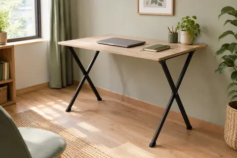 Bureau pliant beige à pieds en acier installé dans un coin de télétravail lumineux