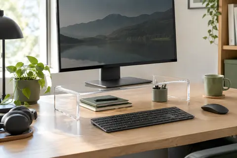 Support d’écran transparent en acrylique sur un bureau en bois clair, avec un moniteur posé sur la tablette.