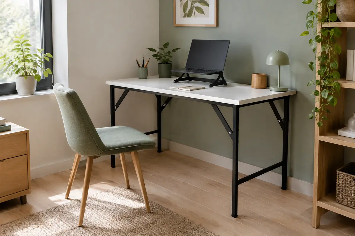Bureau pliant blanc avec cadre noir et support d’écran amovible dans un coin de télétravail