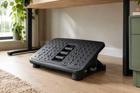 Repose-pieds de bureau noir réglable avec plateforme texturée et rouleaux, installé sous un bureau en bois clair.