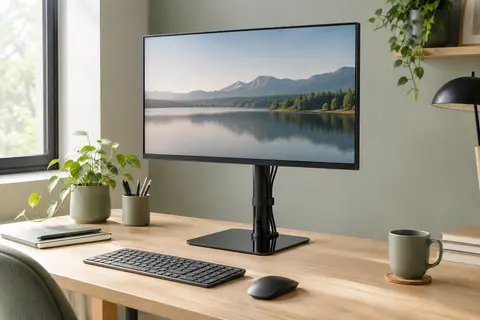 Support d’écran Hemudu noir à base en verre sur un bureau en bois clair, avec câbles organisés