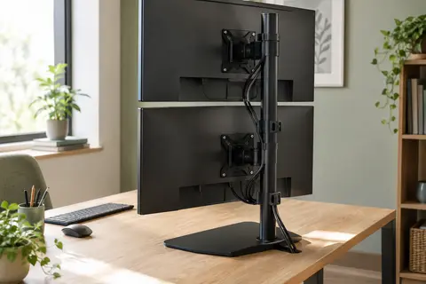 Support de moniteur Hemudu noir avec deux écrans superposés sur un bureau en bois clair