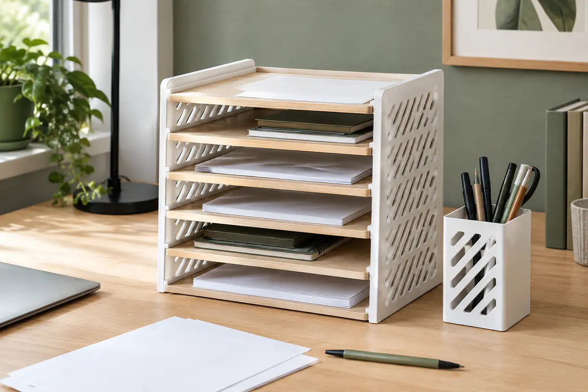 Organiseur de bureau blanc à cinq niveaux avec porte-stylo, posé sur un bureau en bois clair