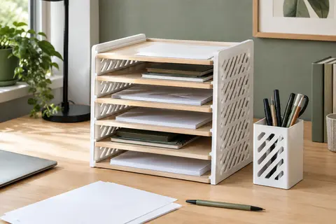 Organiseur de bureau blanc à cinq niveaux avec porte-stylo, posé sur un bureau en bois clair