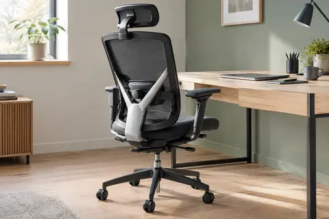Chaise de bureau noire en maille avec dossier en V argenté, appui-tête et soutien lombaire réglables