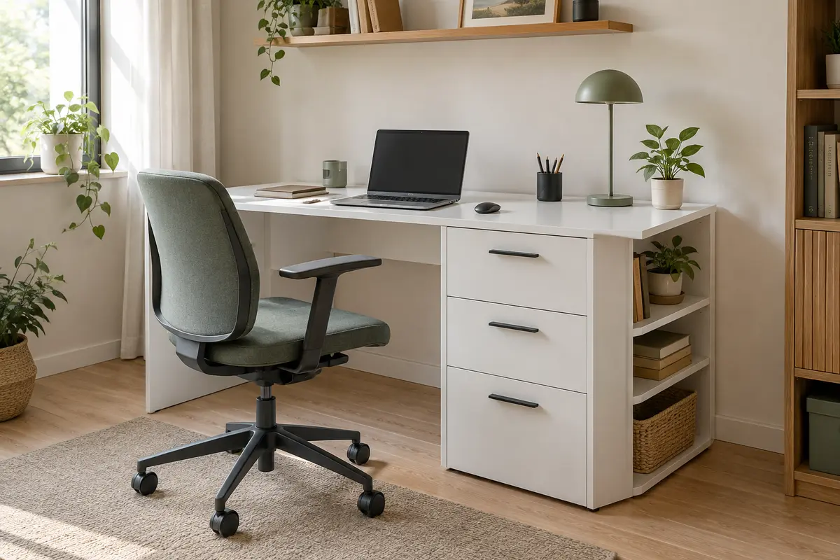 Bureau blanc avec trois tiroirs et des étagères ouvertes dans un espace de télétravail lumineux