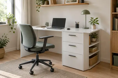 Bureau blanc avec trois tiroirs et des étagères ouvertes dans un espace de télétravail lumineux