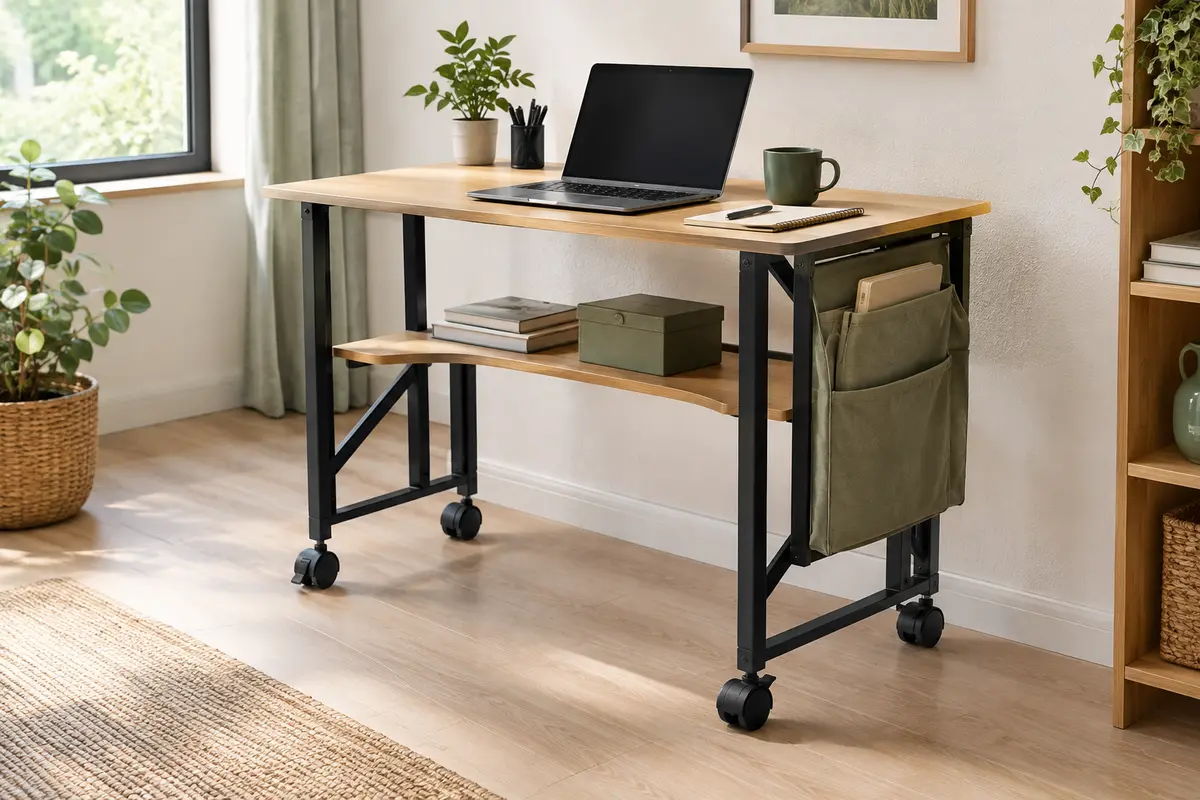 Bureau pliant Homcom en finition chêne, avec étagère, sac latéral et six roulettes dans un intérieur calme.