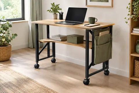 Bureau pliant Homcom en finition chêne, avec étagère, sac latéral et six roulettes dans un intérieur calme.