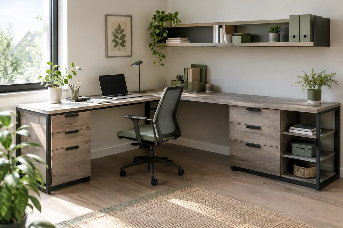 Bureau d’angle en L à l’aspect chêne gris avec tiroirs et étagère intégrée dans un espace de télétravail