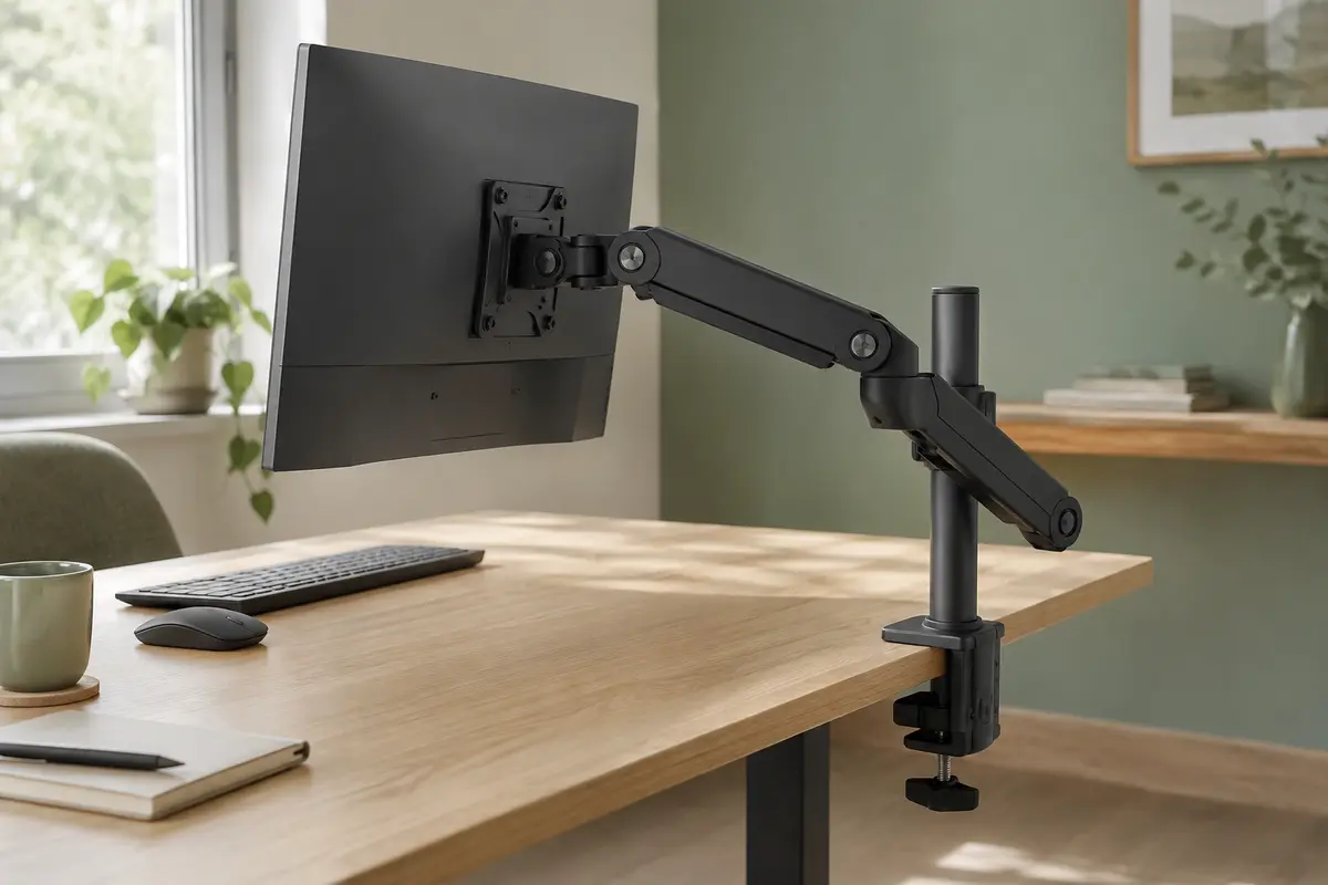 Bras d’écran articulé noir fixé à un bureau en bois clair, avec ses articulations visibles.