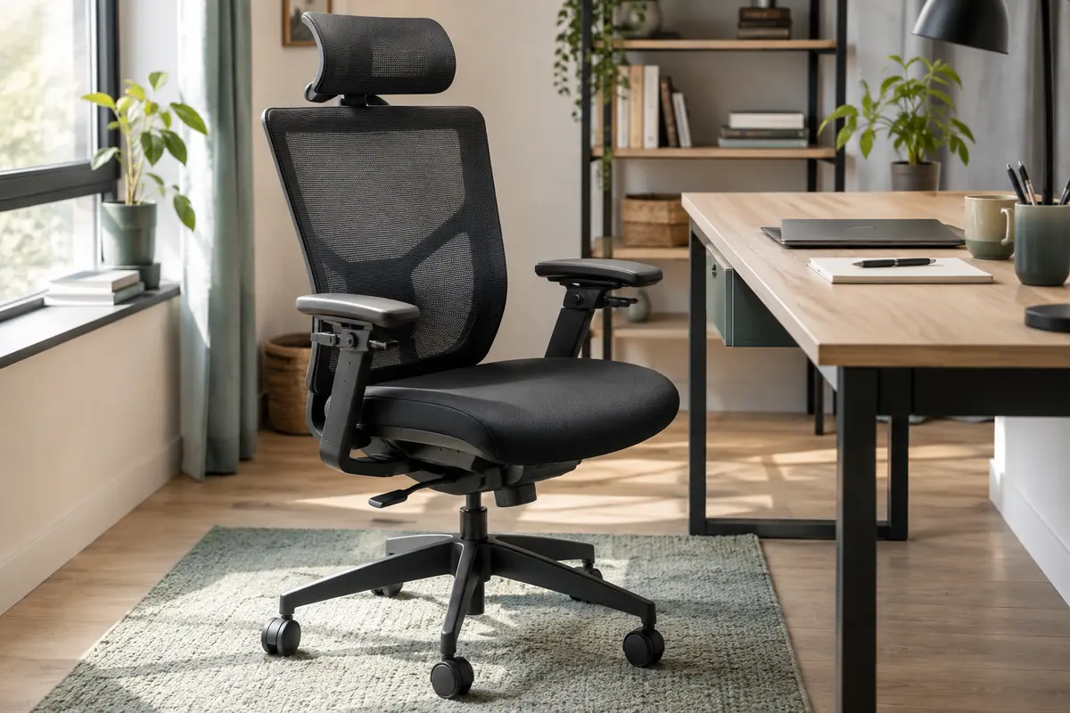 Chaise de bureau noire Huanuo avec dossier en maille, appui-tête et accoudoirs réglables