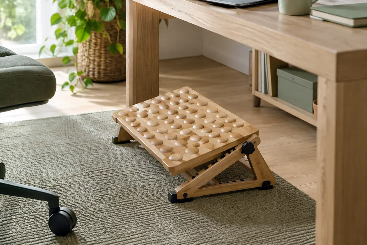 Repose-pieds réglable en bambou brun à surface texturée, placé sous un bureau en bois clair